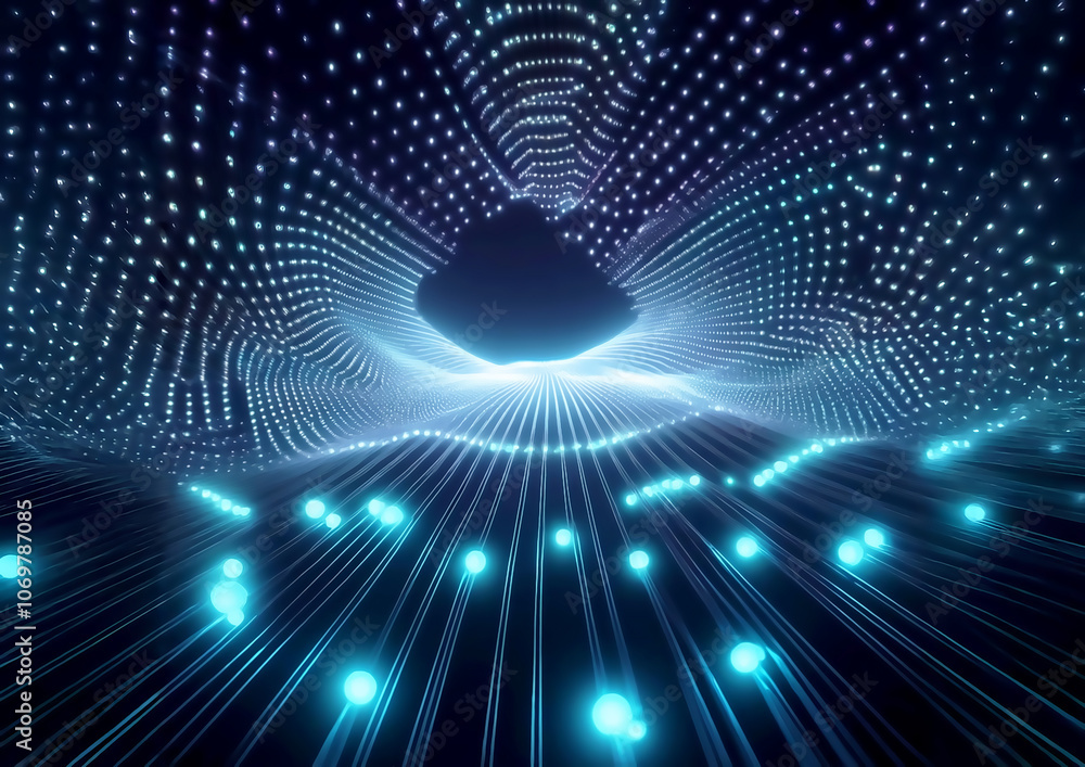 Poster abstract technology background with glowing lines and dots, 3d render