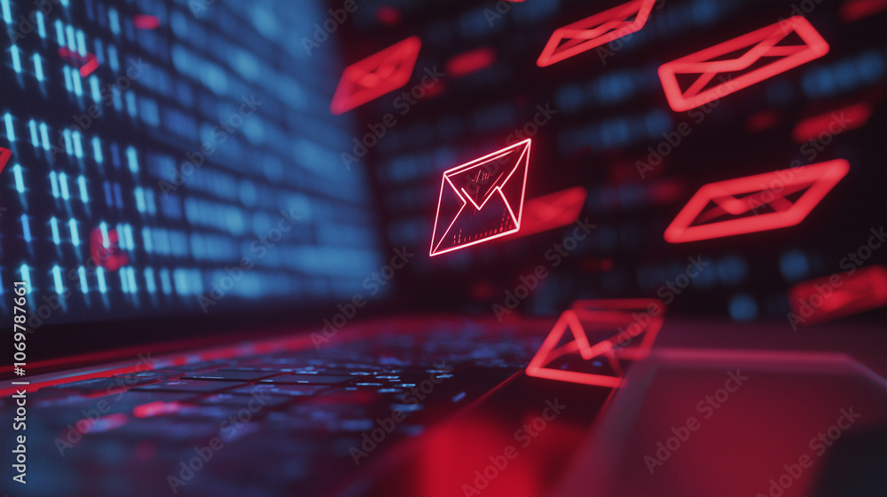 Poster digital code and email icons glowing above a laptop keyboard, symbolizing cybersecurity and online c