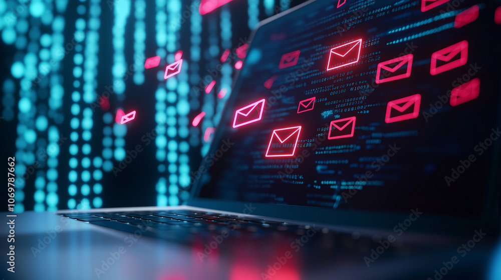 Poster digital code and email icons glowing above a laptop keyboard, symbolizing cybersecurity and online c