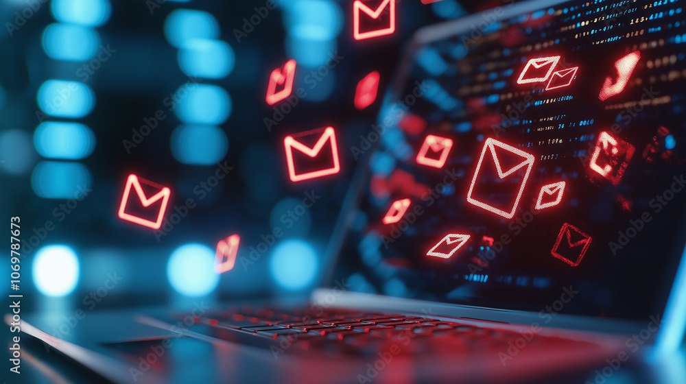 Poster digital code and email icons glowing above a laptop keyboard, symbolizing cybersecurity and online c