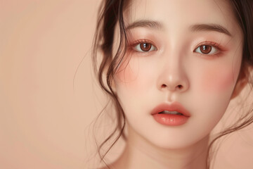 Fototapeta premium Beautiful Asian teenager woman in natural style makeup in studio shot. Beauty concept. Copy space