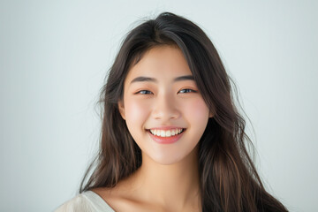Naklejka premium Beautiful young Asian woman in natural style makeup on white background. Beauty concept. Copy space