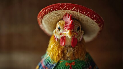 A cute chicken cockrel dressed in Mexican sombrero hat and clothing studio shot