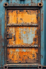 Naklejka premium Weathered Industrial Metal Door with Rust and Peeling Paint in Vibrant Orange and Blue Tones