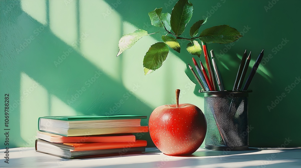 Poster bright and cheerful workspace scene featuring a pile of colorful books a shiny red apple and an asso