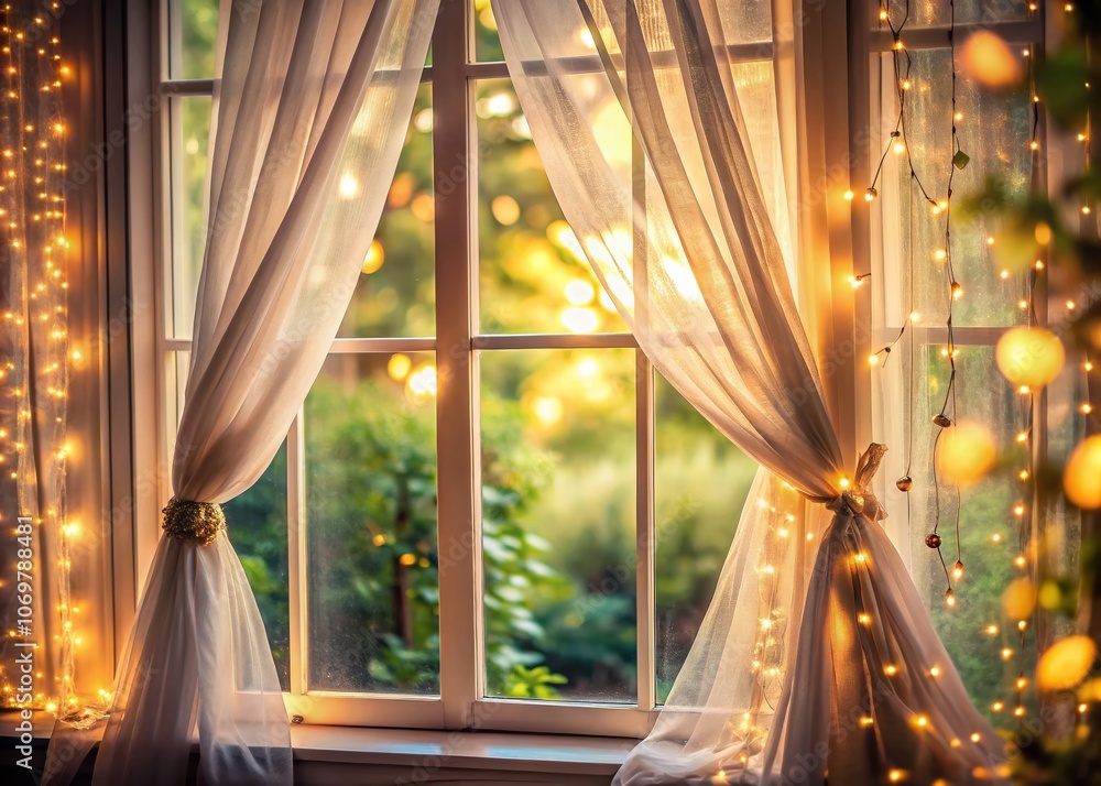 Poster soft light filtering through elegant curtains: a captivating window scene with bokeh effect and drea