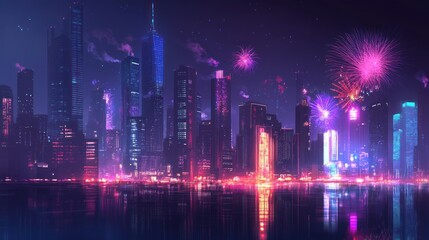 Obraz premium Night cityscape with fireworks celebrating New Year's, colorful lights reflecting on skyscrapers, 