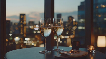 Elegant champagne glasses clinking against stunning cityscape backdrop, creating romantic atmosphere with soft candlelight and vibrant bokeh lights. Perfect for celebrations