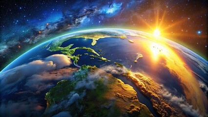 Spectacular View of Earth from Space Showing Day and Night Transition with Vibrant Colors of the Atmosphere in a Stunning 3D Rendered Image Capturing Nature's Beauty