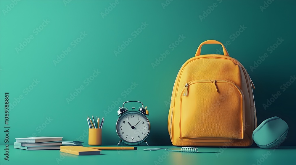 Poster bright and colorful 3d scene depicting a back to school setup with a yellow backpack alarm clock and