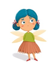 Cute children's illustration of a shy fairy with blue hair