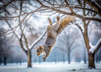 Obraz premium Squirrel Upside Down on Barren Winter Tree Branch in Chicago Park Capturing the Essence of Cold Weather Wildlife in an Urban Environment