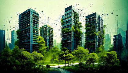 Obraz premium Abstract background with smart buildings, equipped with sensors and AI, using technology 5G-6G