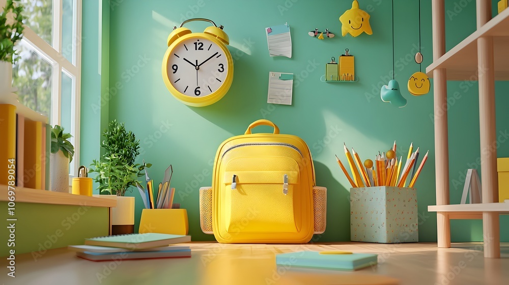 Poster bright and inviting 3d scene featuring a yellow backpack alarm clock and assorted school tools posit