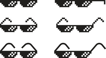 Pixel glasses icon set. Black flat vector collection isolated on transparent background element of pixel art. Ghetto lifestyle culture design. Mock up template. Abstract concept graphic sign.