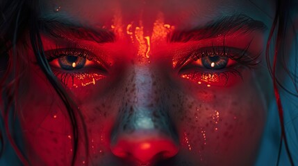 Intense Gaze: Close-up Portrait with Glowing Eyes and Red Lighting