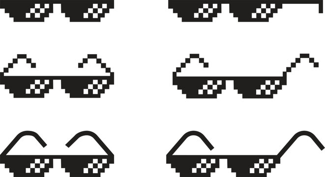 Pixel glasses icon set. Black flat vector collection isolated on transparent background element of pixel art. Ghetto lifestyle culture design. Mock up template. Abstract concept graphic sign.