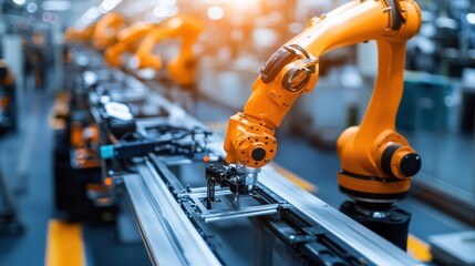 Fototapeta premium Industrial Robotic Arms on Automated Assembly Line in Modern Factory with Advanced Technology and Precision Engineering