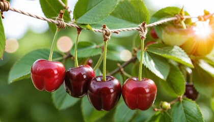 Pairs of ripe juicy cherries strung on twine string