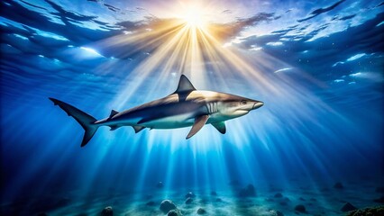 Stunning Aerial View of a Shark Gliding Through the Deep Blue Ocean with Sunlight Filtering Down in a Vibrant Underwater Nature Scene