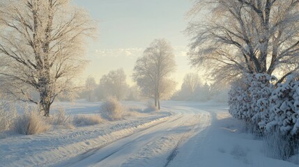 Obraz premium In a winter landscape in Germany, a road covered in snow and trees covered in snow.
