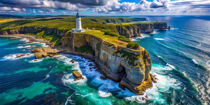 Stunning Aerial View of Antifer Cape Lighthouse Overlooking Dramatic Steep Cliff Coastline Landscape in Normandy, France with Turquoise Waters and Lush Greenery Surrounding the Cliffs