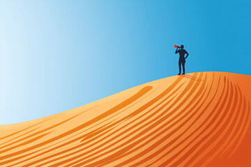 Explorer on Sandy Dune with Telescope Gazing Over Expansive Desert Landscape Under Clear Blue Sky