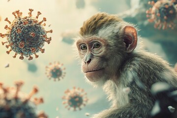 a close-up of a monkey, with the virus particles floating around it, symbolizing the transmission of a virus. generative ai