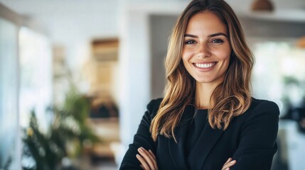 Fototapeta premium Indoor portrait of a successful European woman, smiling, business attire, professional setting