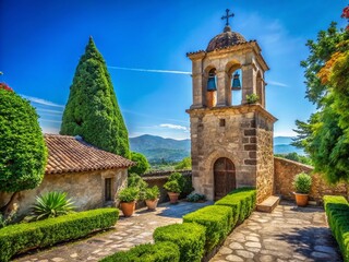 Fototapeta premium Stunning Bell Tower of a Historic Church Surrounded by Lush Greenery and Blue Skies, Perfect for Illustrating Architectural Beauty and Spiritual Significance in Stock Photography