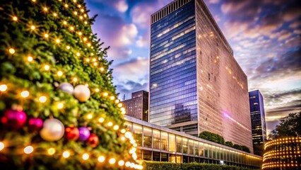 Stunning Bokeh Effect at United Nations Headquarters in New York City, Showcasing Architectural Beauty with Soft Background Lights and a Vibrant Atmosphere