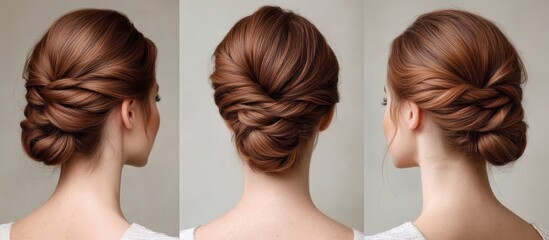 Classic French twist hairstyle, pinned up with a clean, elegant finish, silky light brown hair, minimal background 