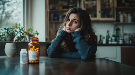 Lonely woman sitting at a table, staring blankly at a bottle of medication, showcasing her sense of isolation