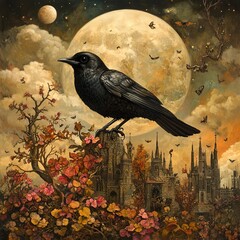 Fototapeta premium Raven Perched on a Gothic Cityscape Under a Full Moon