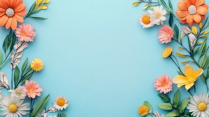 Abstract Floral Frame on Blue Background with Copy Space for Wedding Invitation and Women's Day & Mother's Day Concept.