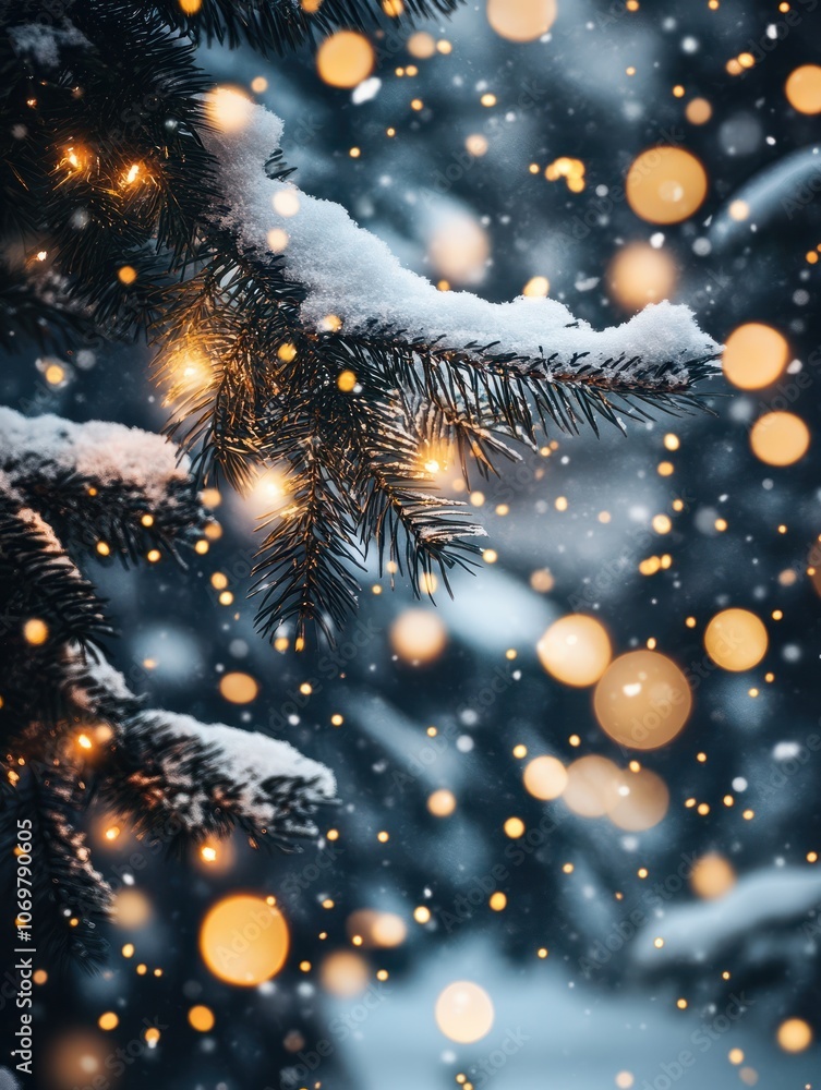 Poster mesmerizing snowfall illuminated against a dark background, creating a magical winter atmosphere wit