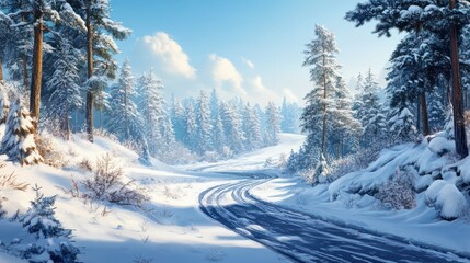 Obraz premium Nature landscape background snowy road in the forest. A snowy road winding through a winter landscape with frosty trees under a clear blue sky