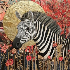 Striking Zebra Portrait in a Floral Collage - Contemporary Animal Art