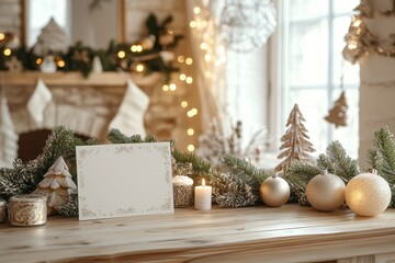 Christmas card with festive decorations. Mockup
