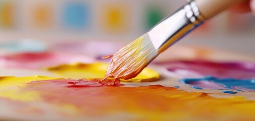 Fototapeta premium Artist's Hand: A close-up shot of a paintbrush picking up vibrant colors from a palette, ready to create a masterpiece. The image evokes creativity, passion, and the artistic process. 