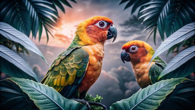 Stunning Double Exposure Photography of a Jenday Conure Bird Merging with Vibrant Jungle Landscapes Capturing Nature's Beauty in a Unique Artistic Expression
