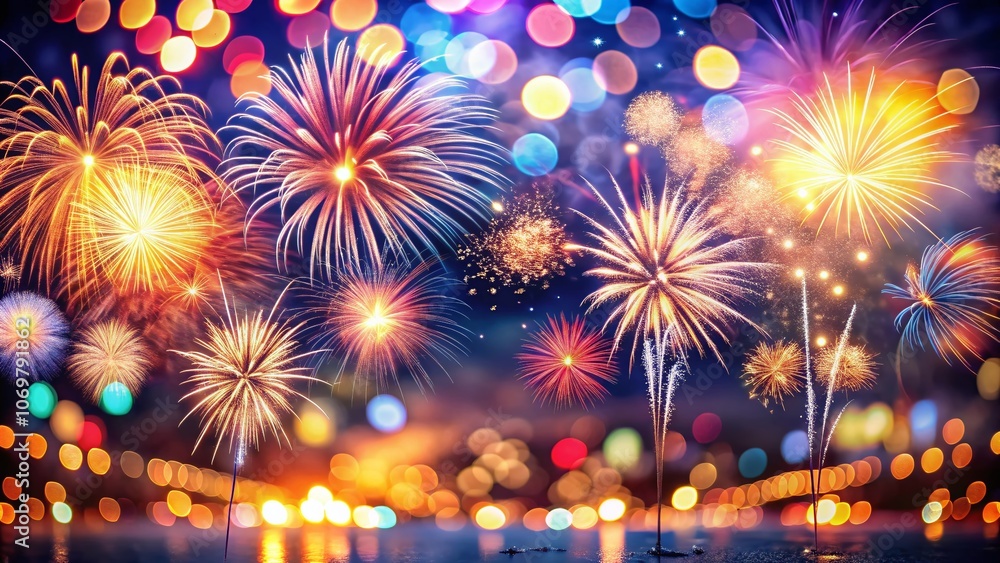 Poster stunning fireworks display with bokeh lights creating a magical atmosphere for celebrations and even