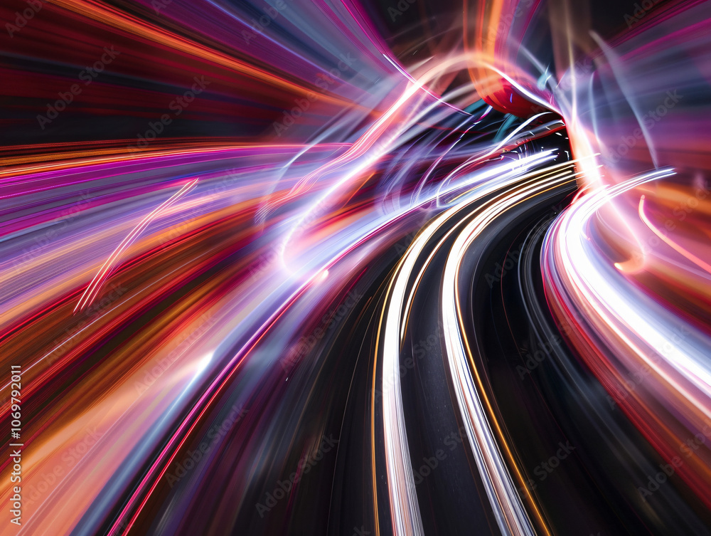 Aufkleber a dynamic abstract image features colorful light trails racing through a dark tunnel, showcasing a s