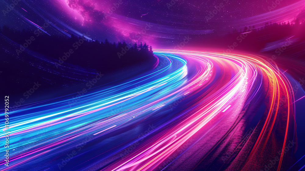 Poster a vibrant abstract image captures dynamic light trails in shades of blue and pink, creating a sense 