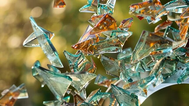 A mixed media sculpture featuring pieces of shattered glass fused together each representing a different outcome or possibility for a superposed particle.