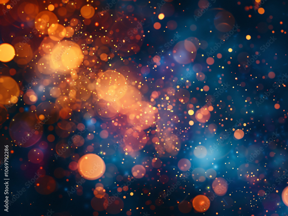 Poster a captivating image features a starry night sky filled with bokeh lights in shades of blue and orang