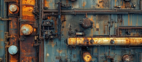 Aerial View of Industrial Facility with Rusted Pipes and Machinery Creating a Complex Network of Metal Structures and Textures