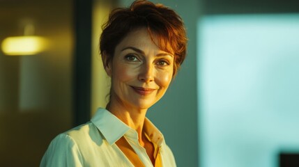 Mature woman looking at the camera, standing in an office environment, smiling warmly, dressed formally