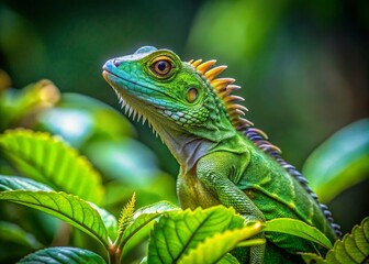 Stunning Long Exposure of a Maned Forest Lizard Camouflaged Among Lush Green Leaves, Capturing the Beauty and Intricacies of Nature in a Serene Forest Environment