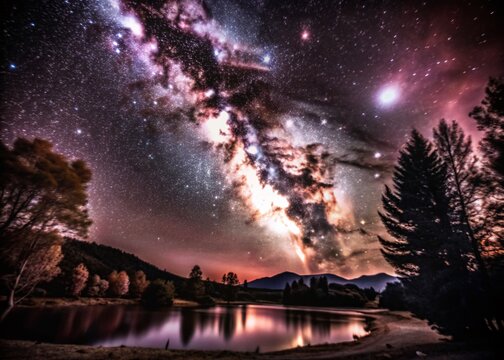 Stunning Long Exposure of Alcor and Mizar Stars in a Starry Night Sky Over a Tranquil Landscape with Beautiful Milky Way Background